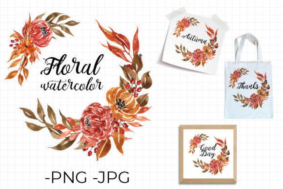 Floral Wreath Autumn Falls Watercolor 4 for Crafts & Digital Selling