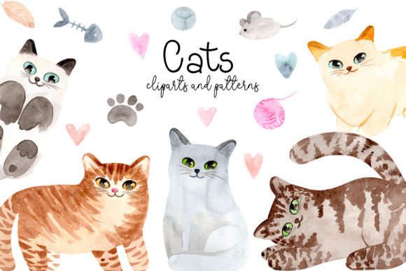 Watercolor Cute Cats for Crafts & Design