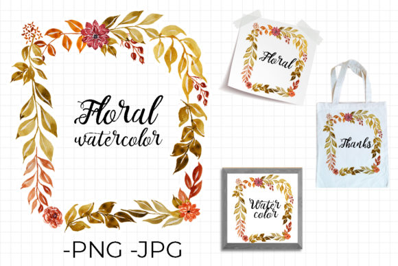Watercolor Floral Autumn Frame for Crafts Branding